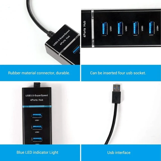 Alt view image 9 of 10 - 4-Port USB 3.0 Hub Long Cable 12/48-inch with Micro USB Charging Port Fast Transfer USB Hub Extender Extension Connector