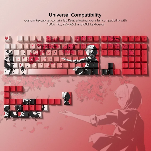 Alt view image 10 of 10 - Japanese Anime Keycaps 60 65 75 100 Percent,Cherry Keycaps130 Keys PBT Dye Sublimation Custom Keycaps Set for Mechanical Keyboard 61/64/75/84/87/104/108 Layout with Key Puller (Red)