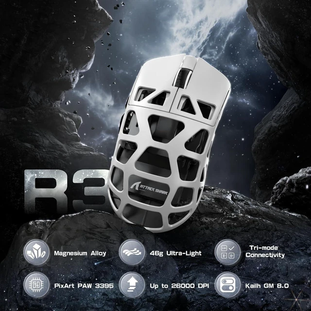 Alt view image 9 of 14 - FELICON x Attack Shark R3 Wireless Gaming Mouse,PAW3395 26K DPI 8KHz Polling Rate,Magnesium Alloy 46g Ultralight,Programmable Tri-Mode BT/2.4G/Wired Computer Mice with Coiled Cable-White