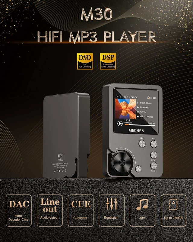 Alt view image 9 of 14 - M30 HiFi MP3 Player, Lossless DSD High Resolution Digital Audio Music Player, High-Res Portable Audio Player with 64GB Memory Card (Gray)