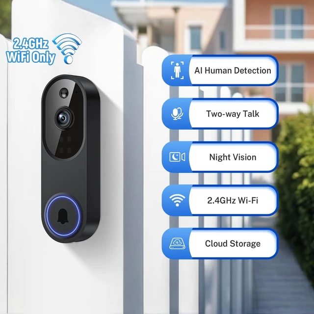 Alt view image 9 of 14 - 1080p Wireless Wi-Fi Video Doorbell Camera with Two Way Audio, Night Vision, Cloud Storage, Smart AI Motion Detection, Support 2.4GHz Wi-Fi only