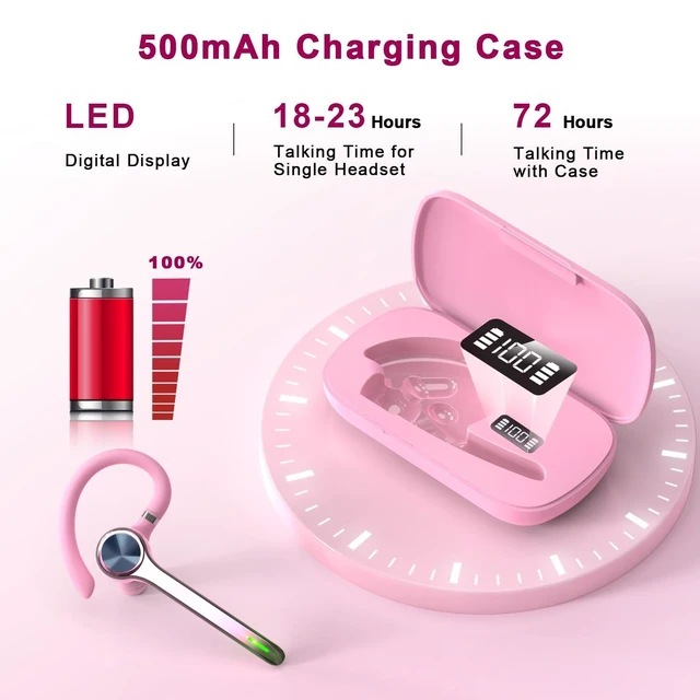 Alt view image 9 of 14 - HEIBAS Bluetooth Headset, Wireless Bluetooth Earpiece with 500mAh Charging Case 72 Hours Talking Time Built-in Microphone for iOS Android Cell Phone, V5.1 Hand-Free Headphones for Trucker, Office-Pink