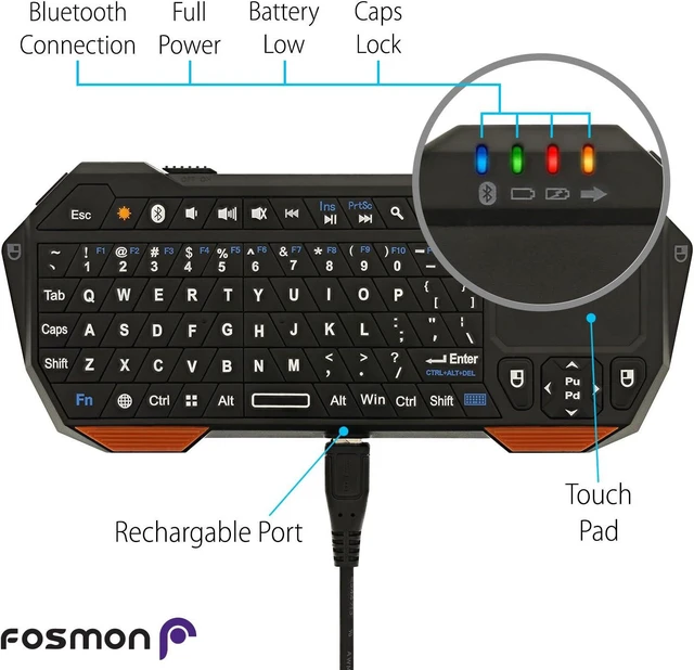 Alt view image 10 of 14 - Fosmon Mini Bluetooth Keyboard (QWERTY Keypad), Wireless Portable Lightweight with Built-In Touchpad, Compatible with Apple TV, PS4, HTPC/IPTVVR Glasses, Smartphones and more