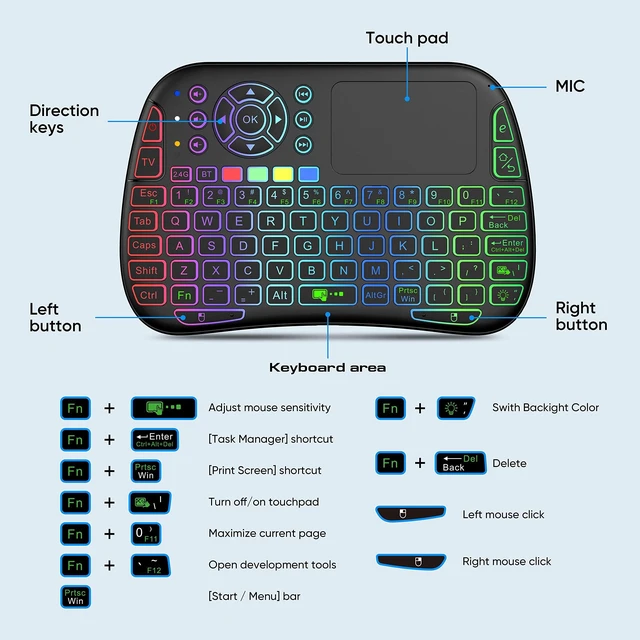 Alt view image 10 of 10 - Mini Voice Bluetooth Keyboard, Rechargeable Wireless Keyboard with Touchpad, Backlit Small Keyboard with IR Learning, 2.4G WiFi/BT5.0 Mode Connection for PC, TV Box, iOS, Android, Window, Mac OS