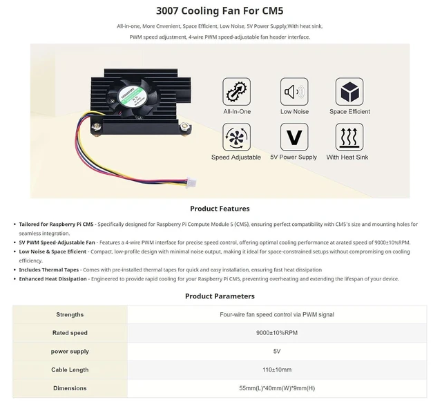 Alt view image 12 of 14 - All-in-One 3007 Cooling Fan for Raspberry Pi Compute Module 5 (CM5) - 5V PWM Speed Adjustable, Low Noise, Space Efficient, with Thermal Tapes, Fast Heat Dissipation