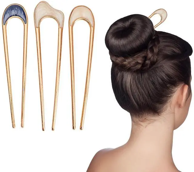 Alt view image 2 of 7 - 3pcs Metal French Hair Pins for Thick HairFrench Twist Hair Pin for Women Girls,U Shaped Hair Fork for Thick Hair,hair pins for buns,Large French Pins,Suitable for Hair Style (golden)