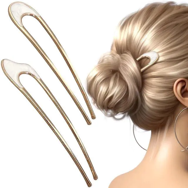 Main image of 2PCS U-Shaped Hair Pins - Vintage Metal Hair Sticks with Natural Pearls for Elegant Hairstyles