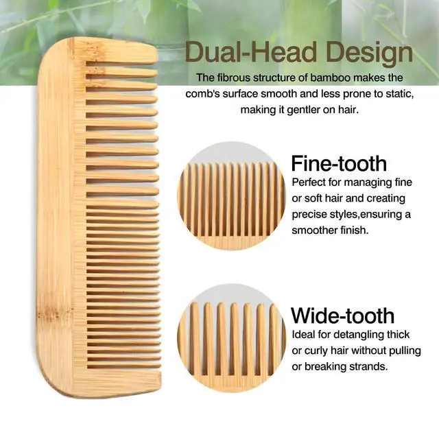 Alt view image 3 of 7 - Pure Bamboo Dual-Head Comb Wide & Fine Teeth for Gentle Grooming & Scalp Care