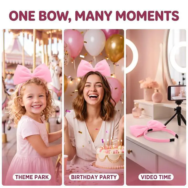 Alt view image 5 of 7 - 1Pc Sweet Pink Halloween Bow Headband Bowknot Hair Hoops Bands Headpiece Hairband for Women and Grils,Women Christmas Birthday Party Decorations Accessories Easy to Wear,Headbands Hair Accessories