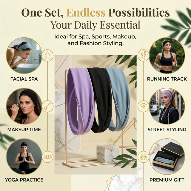 Alt view image 7 of 7 - Headbands for Women 3PCS Soft Elastic Non Slip Wide Hair Bands, Breathable Sweat-Wicking, Stylish for Workout, Makeup, Yoga, Running & Daily Wear (Colorful Three-Pack)