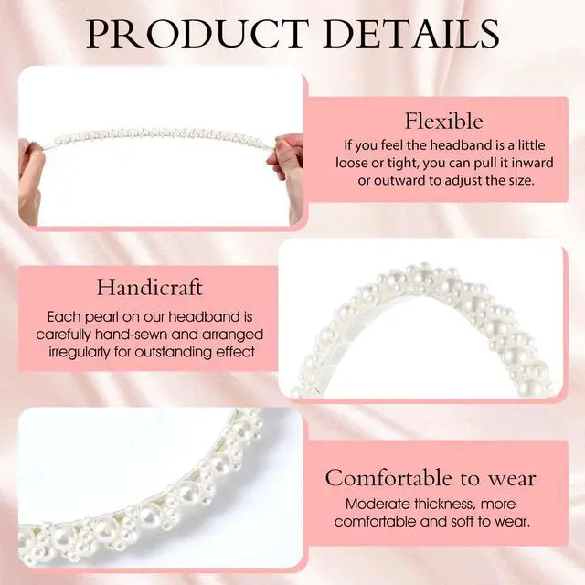 Alt view image 4 of 7 - Pearl Headband for Women Elegant Faux Pearl Bridal Hair Hoop Headpiece Wedding Hair Accessories Hairband