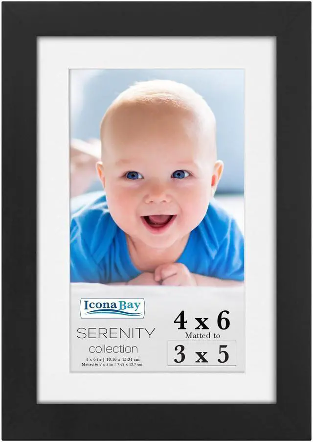 Main image of 4x6 Picture Frame with Mat for 3x5 Photo - Black - Serenity Collection | 4 x 6 photo frame, sleek modern style, tabletop or wall mount display, photo holder for home or office gallery