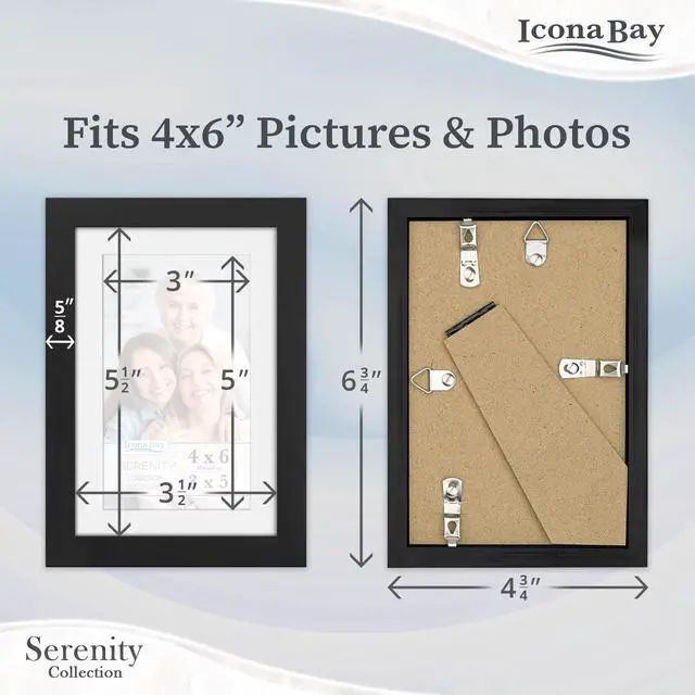 Alt view image 3 of 7 - 4x6 Picture Frame with Mat for 3x5 Photo - Black - Serenity Collection | 4 x 6 photo frame, sleek modern style, tabletop or wall mount display, photo holder for home or office gallery