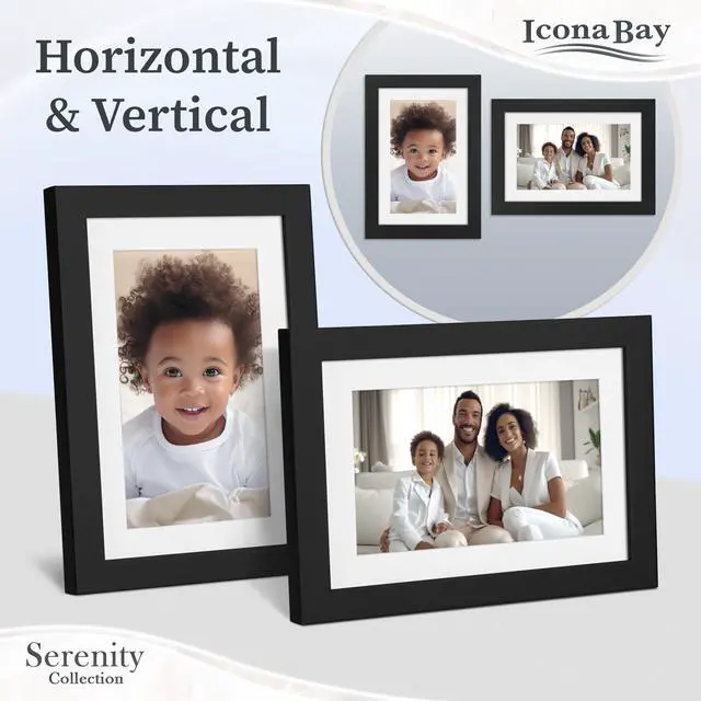 Alt view image 4 of 7 - 4x6 Picture Frame with Mat for 3x5 Photo - Black - Serenity Collection | 4 x 6 photo frame, sleek modern style, tabletop or wall mount display, photo holder for home or office gallery