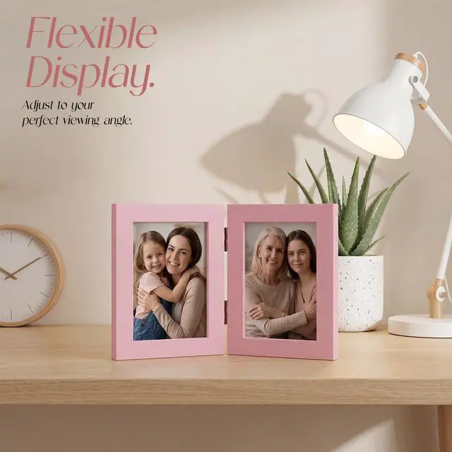 Alt view image 4 of 7 - 3.5x5 Double Picture Frame, 3.5 by 5 Hinged Folding Photo Frame for Tabletop Display, Pink