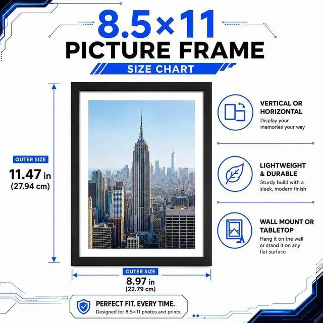 Alt view image 3 of 5 - 8.5x11 Picture Frame, Display Pictures 8.5 x 11 Without Mat, Wall Hanging Photo Frame, Black, 1 Pack