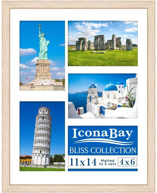 Main image of 11x14 Light Oak Collage Picture Frame with Removable Mat for 5-4x6 Photos - Modern Style Engineered Wood Frame - Wall Mount Only - Bliss Collection