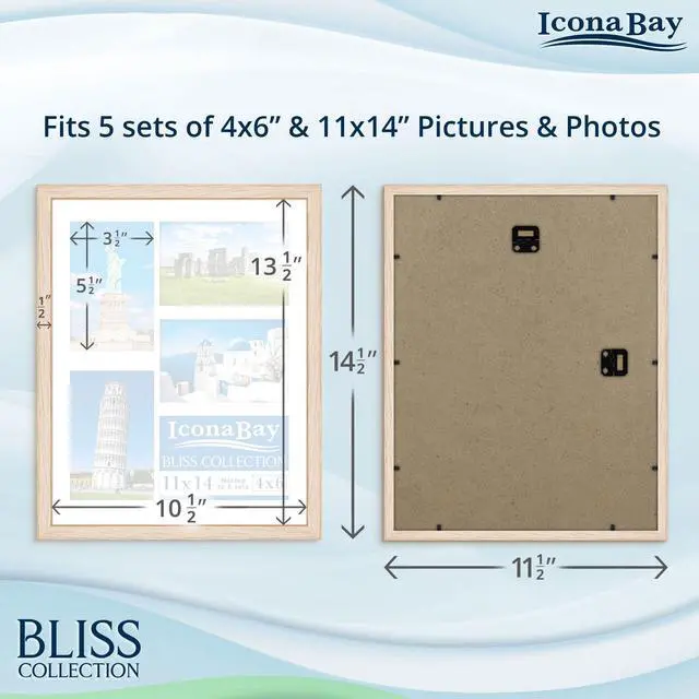 Alt view image 3 of 7 - 11x14 Light Oak Collage Picture Frame with Removable Mat for 5-4x6 Photos - Modern Style Engineered Wood Frame - Wall Mount Only - Bliss Collection