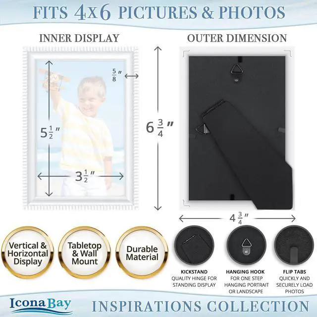Alt view image 3 of 7 - 4x6 White Picture Frame, Contemporary, Inspirations, Wall or Table Top | beautifully scalloped frame comes with hanging hardware for versatile horizontal or vertical display.