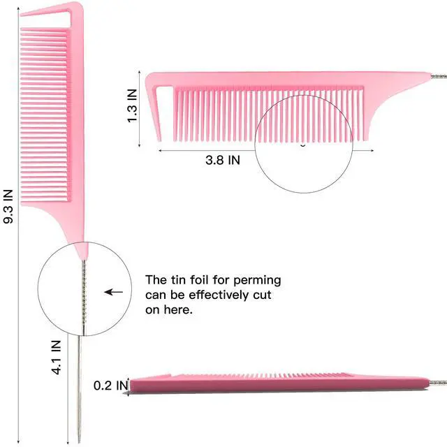 Alt view image 2 of 5 - 9.3'' Rat Tail Comb for Hair Stylist, Parting Combs for Braiding hair, Rattail Comb with Metal Stainless Steel Pintail for Sectioning, Teasing and Styling (Pink)