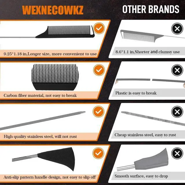 Alt view image 5 of 7 - 3 Pcs Rat Tail Comb Parting Combs for Braids Barber Styling Combs Carbon Fiber Teasing Stainless Steel Pintail Comb for Women Men Fine Teeth Salon Hairdressing Hair Care Tools