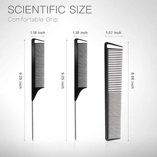 Alt view image 3 of 7 - 3 Pcs Rat Tail Comb Parting Combs for Braids Barber Styling Combs Carbon Fiber Teasing Stainless Steel Pintail Comb for Women Men Fine Teeth Salon Hairdressing Hair Care Tools