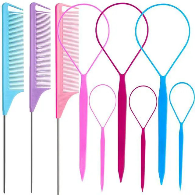 Main image of 9pcs Hair Tail Tools & rat tail combs set, 6pcs Ponytail Pull Through Tool 3pcs Long Steel Pin Combs, Turvy Loop Styling Tool for Woman & Girl Hair Styling (Pink,Purple, Blue)