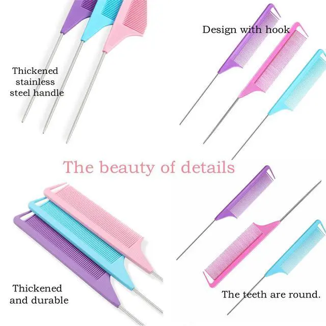 Alt view image 3 of 7 - 9pcs Hair Tail Tools & rat tail combs set, 6pcs Ponytail Pull Through Tool 3pcs Long Steel Pin Combs, Turvy Loop Styling Tool for Woman & Girl Hair Styling (Pink,Purple, Blue)