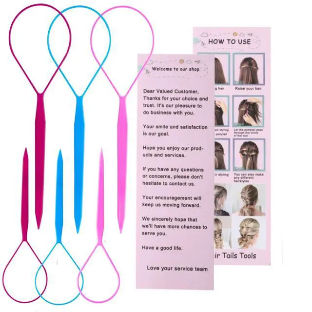 Alt view image 2 of 7 - 9pcs Hair Tail Tools & rat tail combs set, 6pcs Ponytail Pull Through Tool 3pcs Long Steel Pin Combs, Turvy Loop Styling Tool for Woman & Girl Hair Styling (Pink,Purple, Blue)