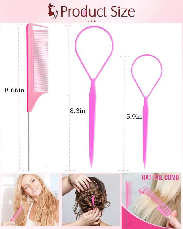 Alt view image 4 of 7 - 9pcs Hair Tail Tools & rat tail combs set, 6pcs Ponytail Pull Through Tool 3pcs Long Steel Pin Combs, Turvy Loop Styling Tool for Woman & Girl Hair Styling (Pink,Purple, Blue)