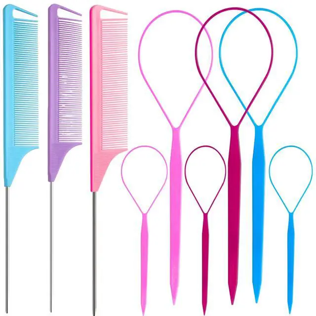 Alt view image 7 of 7 - 9pcs Hair Tail Tools & rat tail combs set, 6pcs Ponytail Pull Through Tool 3pcs Long Steel Pin Combs, Turvy Loop Styling Tool for Woman & Girl Hair Styling (Pink,Purple, Blue)