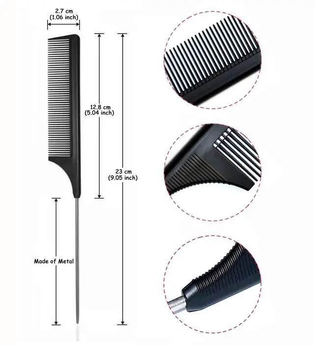 Alt view image 2 of 5 - Hair Comb - a Professional Anti-static Carbon Fibre Metal-Pin Tail Comb,Heat Resistant Barber and Salon Rattail Combs with Non-skid Paddle Parting Combs,Fine Tooth in Black