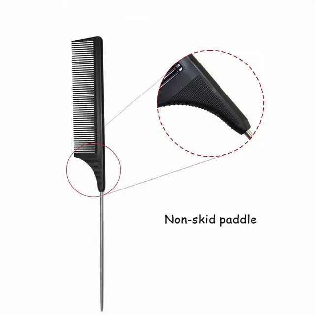 Alt view image 3 of 5 - Hair Comb - a Professional Anti-static Carbon Fibre Metal-Pin Tail Comb,Heat Resistant Barber and Salon Rattail Combs with Non-skid Paddle Parting Combs,Fine Tooth in Black