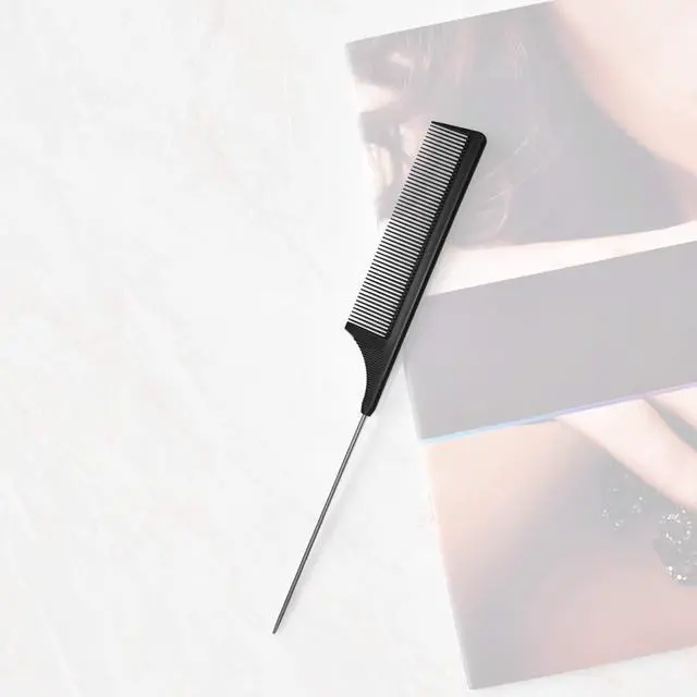 Alt view image 5 of 5 - Hair Comb - a Professional Anti-static Carbon Fibre Metal-Pin Tail Comb,Heat Resistant Barber and Salon Rattail Combs with Non-skid Paddle Parting Combs,Fine Tooth in Black