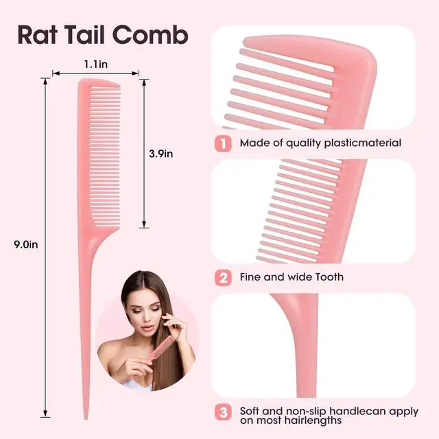 Alt view image 3 of 7 - Rat Tail Comb Set-3Pcs Rat Tail Hair Teasing Fine Tooth Combs for Women Girls, Parting &Hair Styling Tools(Pink Purple Green)