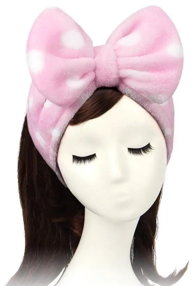 Main image of Women Fashion Lovely Soft Fleece Bowknot Bow Makeup Cosmetic Shower Elastic Hair Band Hairlace Headband (Pink Polka dots)