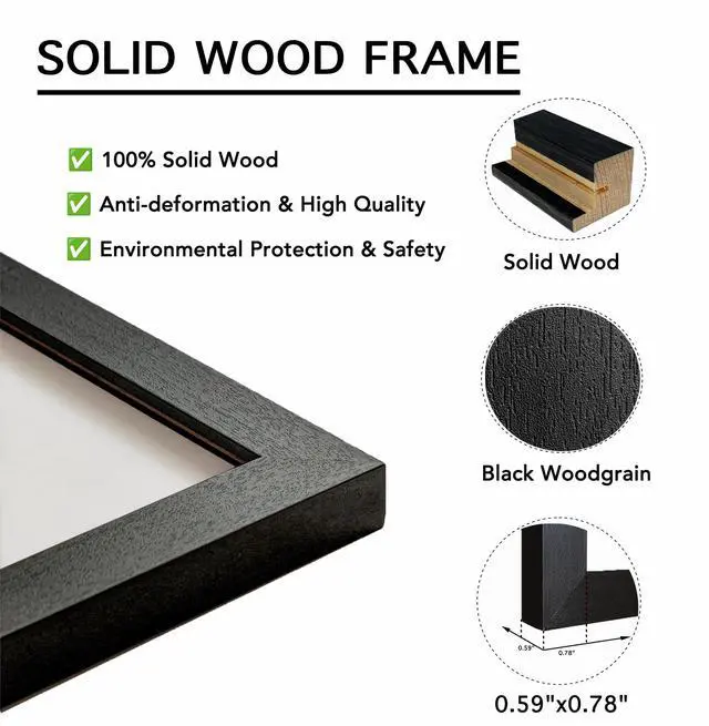 Alt view image 4 of 7 - 8x10 Picture Frame, Solid Wood Picture Frames With Plexiglass, Display 5x7 with Mat or 8x10 Without Mat, Tabletop and Wall Display Photo Frame, 1 Pack, Black