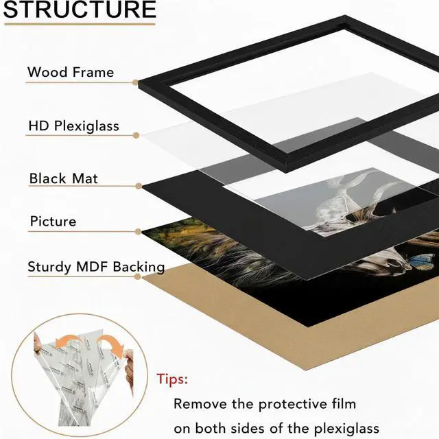 Alt view image 3 of 7 - 8x10 Picture Frame, Solid Wood Picture Frames With Plexiglass, Display 5x7 with Mat or 8x10 Without Mat, Tabletop and Wall Display Photo Frame, 1 Pack, Black