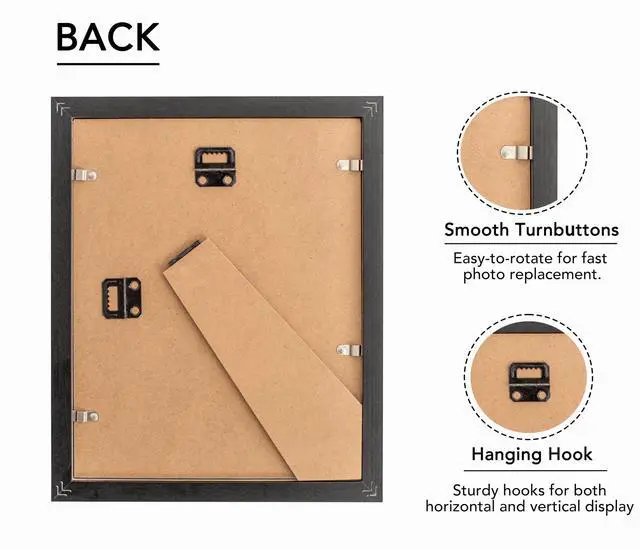 Alt view image 7 of 7 - 8x10 Picture Frame, Solid Wood Picture Frames With Plexiglass, Display 5x7 with Mat or 8x10 Without Mat, Tabletop and Wall Display Photo Frame, 1 Pack, Black