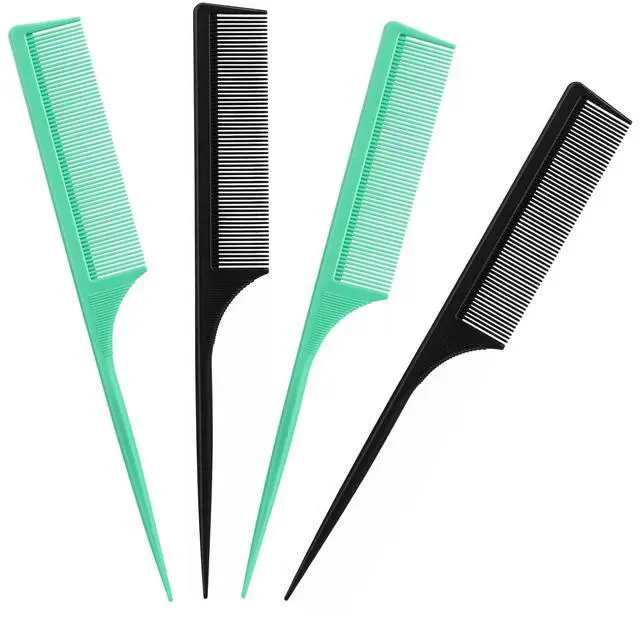 Main image of 4Pcs Rat Tail Combs for Women | Fine Tooth, Anti-Static, Carbon Fiber, Parting & Styling, Black and Green