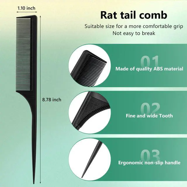 Alt view image 2 of 7 - 4Pcs Rat Tail Combs for Women | Fine Tooth, Anti-Static, Carbon Fiber, Parting & Styling, Black and Green