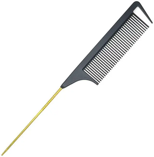 Main image of 9.3" Rat Tail Comb for Hair Styling, Parting, and Braiding with Metal Stainless Steel Pintail (Black & Gold)
