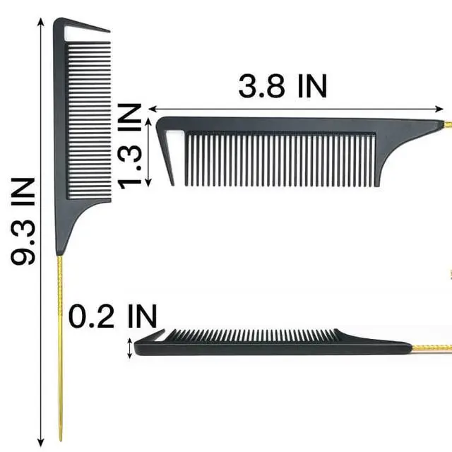 Alt view image 2 of 6 - 9.3" Rat Tail Comb for Hair Styling, Parting, and Braiding with Metal Stainless Steel Pintail (Black & Gold)