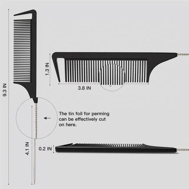 Alt view image 2 of 7 - 9.3'' Rat Tail Comb for Hair Stylist, Parting Combs for Braiding hair, Rattail Comb with Metal Stainless Steel Pintail for Sectioning, Teasing and Styling (Black)