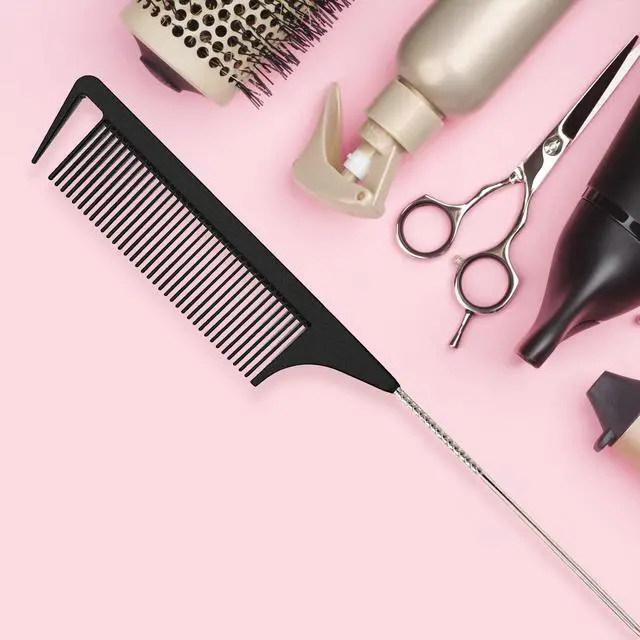 Alt view image 3 of 7 - 9.3'' Rat Tail Comb for Hair Stylist, Parting Combs for Braiding hair, Rattail Comb with Metal Stainless Steel Pintail for Sectioning, Teasing and Styling (Black)