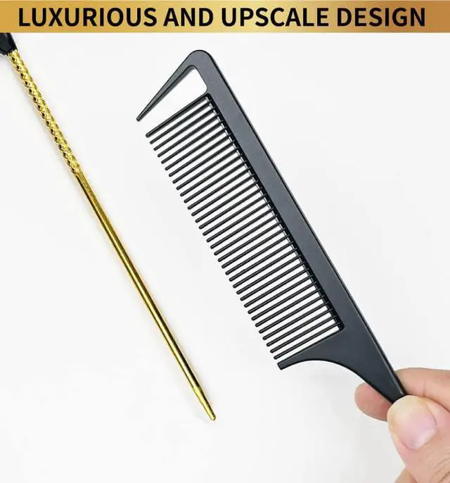 Alt view image 3 of 6 - 9.3" Rat Tail Comb for Hair Styling, Parting, and Braiding with Metal Stainless Steel Pintail (Black & Gold)