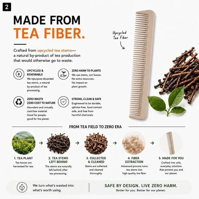 Alt view image 2 of 7 - 1 Pack Hair Comb, Pocket Comb | Bio-Based Tea Fiber Fine Tooth Styling Comb, Anti-Static, for Men and Women, for All Hair Types | No Plastic, No Microplastics, No Plasticizers, Made in Taiwan