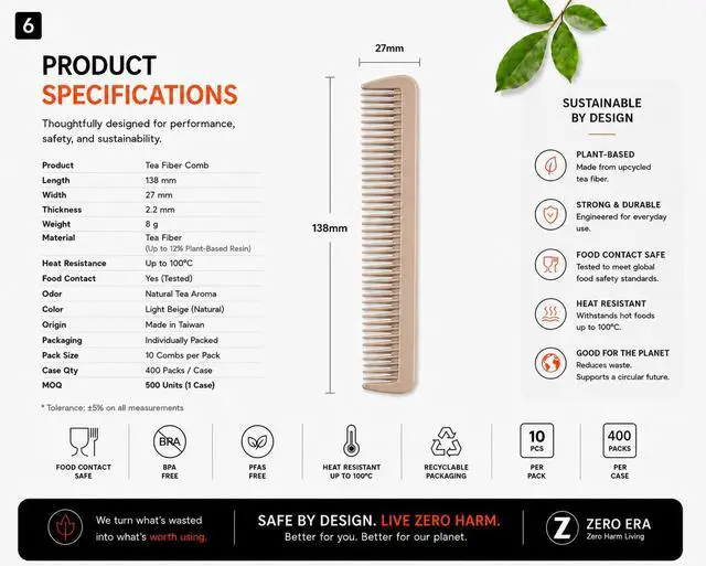Alt view image 6 of 7 - 1 Pack Hair Comb, Pocket Comb | Bio-Based Tea Fiber Fine Tooth Styling Comb, Anti-Static, for Men and Women, for All Hair Types | No Plastic, No Microplastics, No Plasticizers, Made in Taiwan