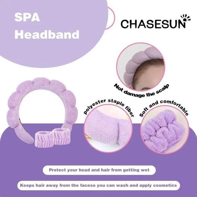 Alt view image 2 of 7 - SPA Headband Skincare Hair Band Head band Bubble Headband Set for Washing Face Makeup Skincare SPA Hairband with Wristbands Purple