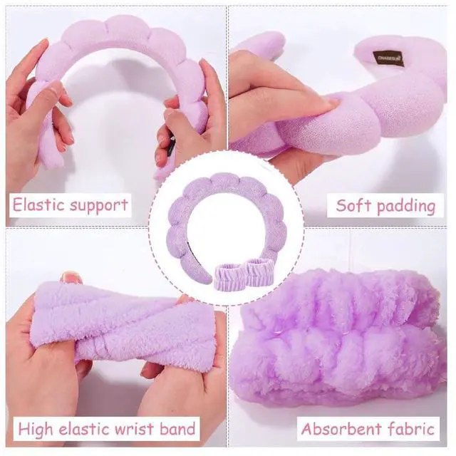 Alt view image 3 of 7 - SPA Headband Skincare Hair Band Head band Bubble Headband Set for Washing Face Makeup Skincare SPA Hairband with Wristbands Purple